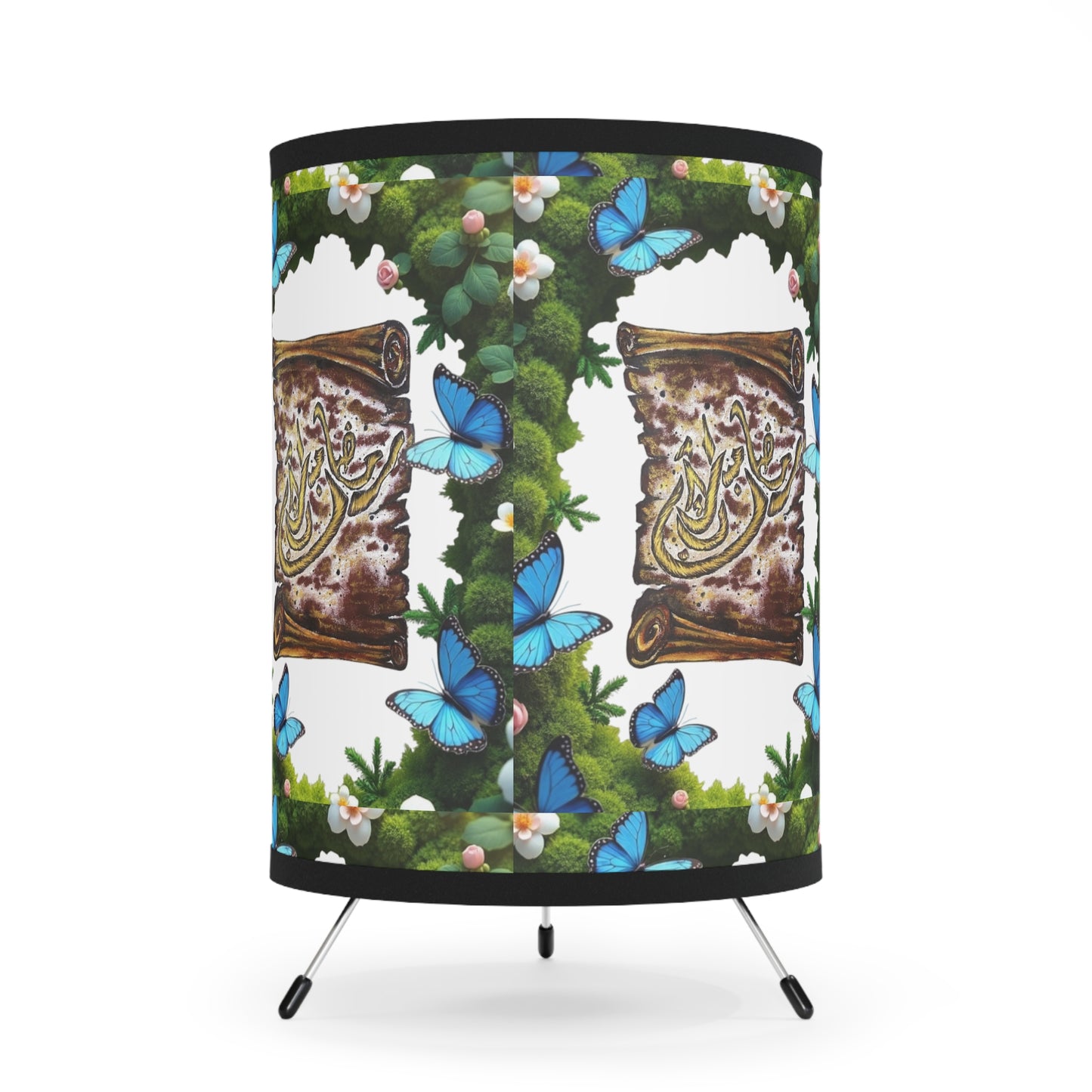 Butterfly Garden Tripod Lamp — Printed Shade with Decorative Script Panel