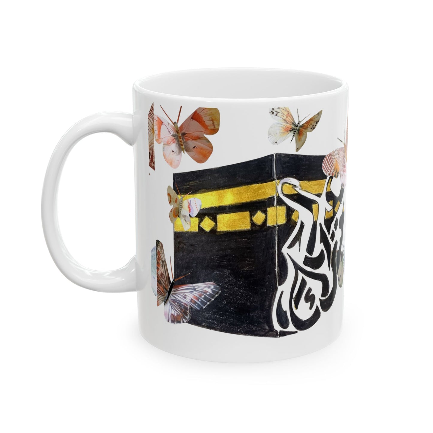 Kaaba & Arabic Calligraphy Butterfly Ceramic Mug — Islamic Faith Coffee Cup (11oz/15oz)