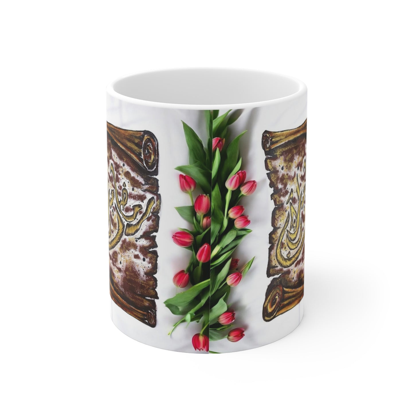 11oz Mug — Floral Tulip & Scroll Arabic Calligraphy Coffee Cup