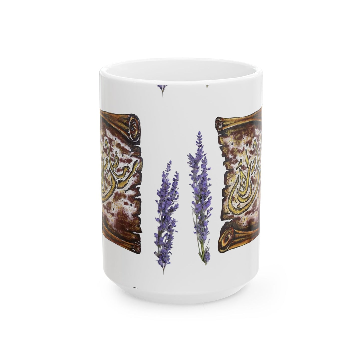 Lavender & Scroll Ceramic Mug – Botanical Tea Coffee Cup (11oz, 15oz)