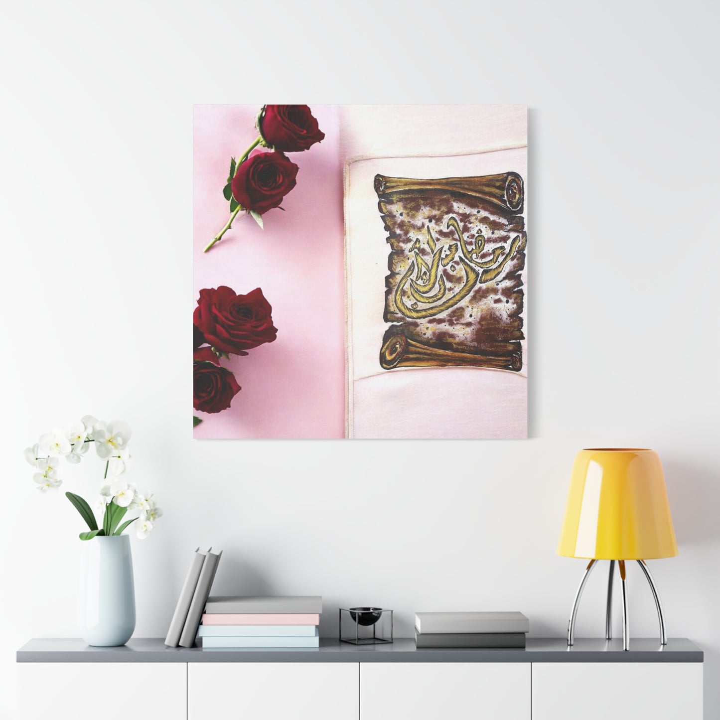 Arabic Calligraphy Canvas Wall Art — 'Bismillah' Scroll with Red Roses, Matte Stretched Canvas