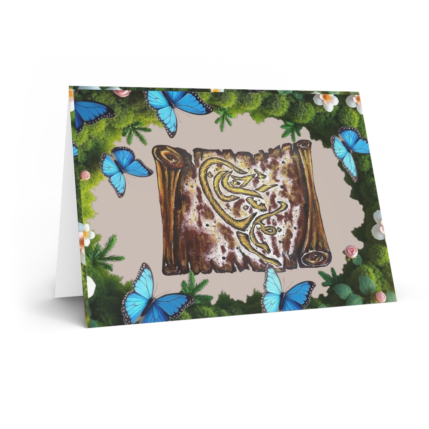 Greeting Card — Arabic Calligraphy Scroll with Blue Butterflies (Blank Inside)