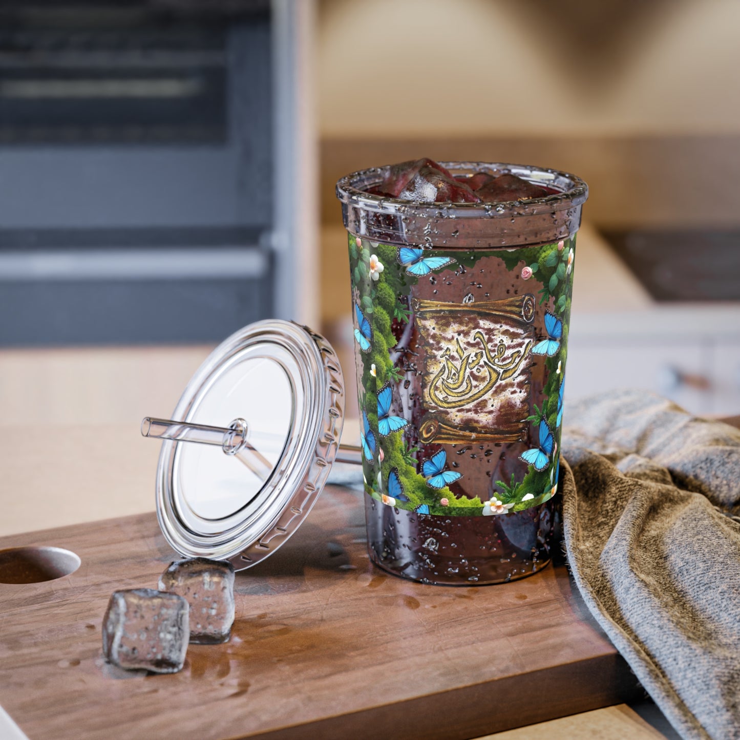 Acrylic Tumbler — Floral Scroll Calligraphy Design