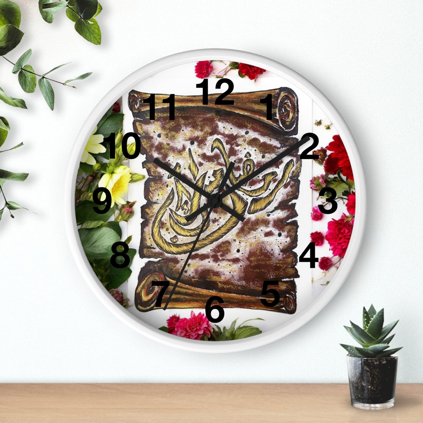 Arabic Calligraphy Floral Wall Clock — Islamic Decorative Timepiece