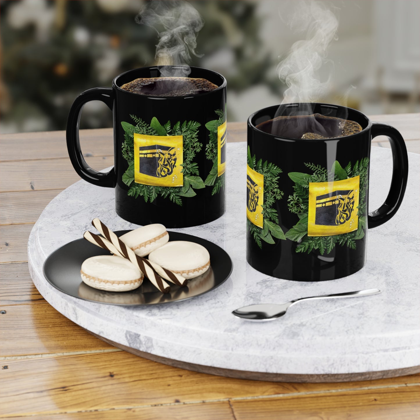 Kaaba Floral Black Coffee Mug — Islamic Holy Kaaba Design (11oz)