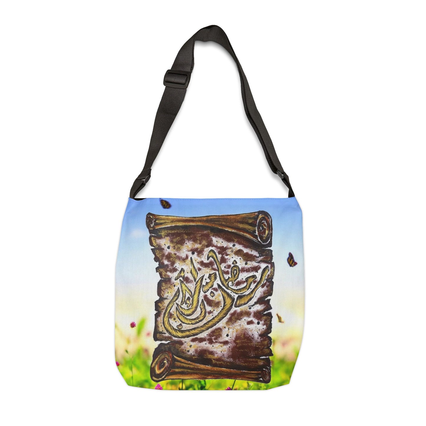 Arabic Calligraphy Scroll Tote Bag — Adjustable Shoulder Tote with Floral Meadow Design