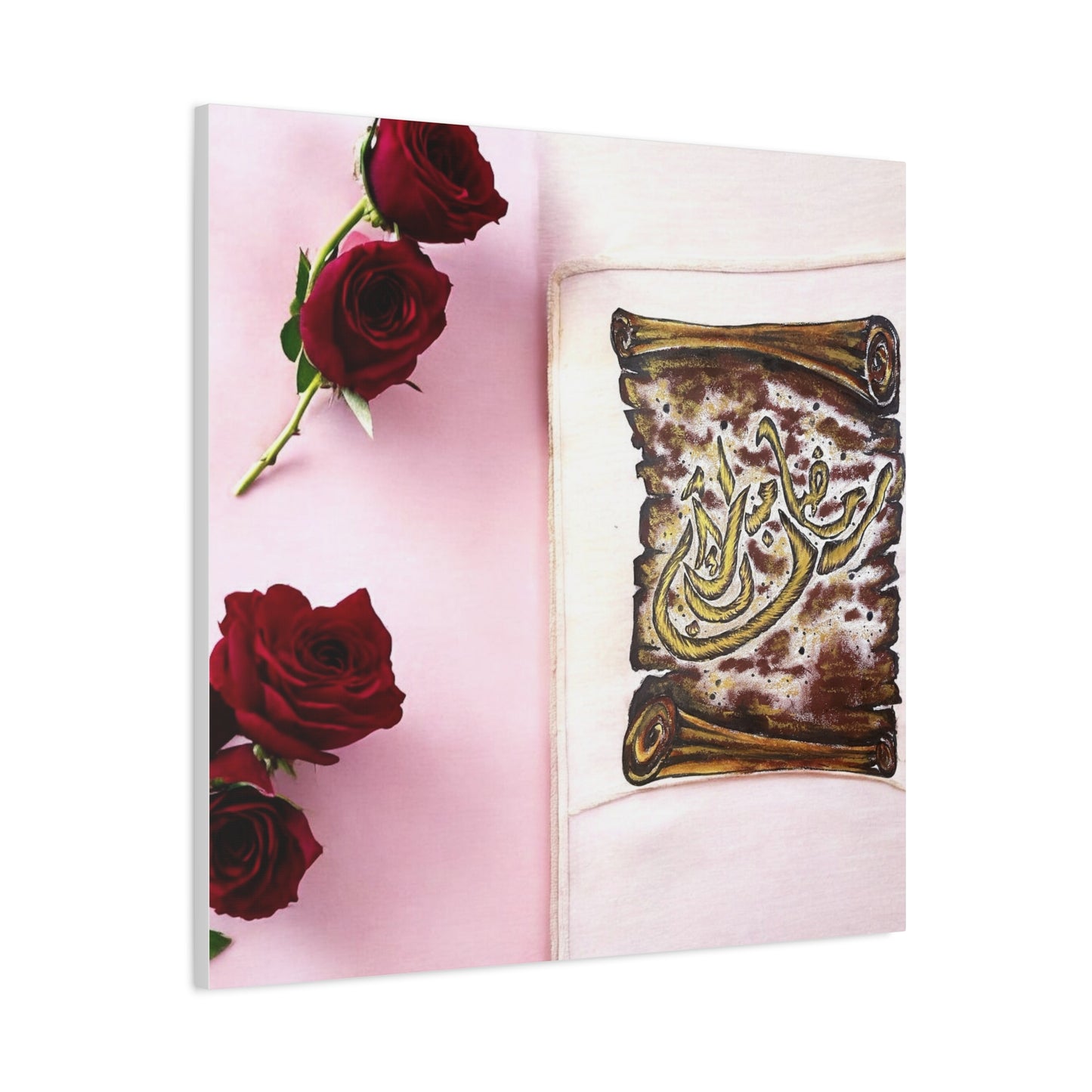 Arabic Calligraphy Canvas Wall Art — 'Bismillah' Scroll with Red Roses, Matte Stretched Canvas