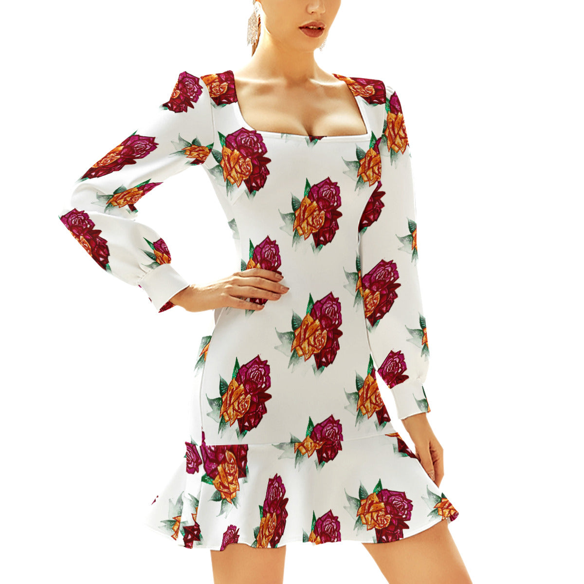 All-Over Print Women's Ruffle Hem Skinny Dress