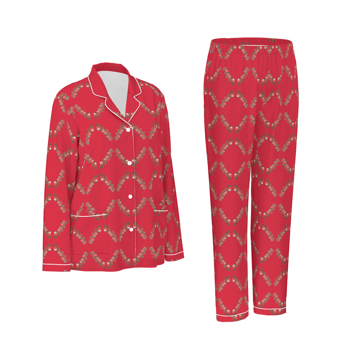 All-Over Print Women's Long Sleeve Pajama Set With White Contrast Piping