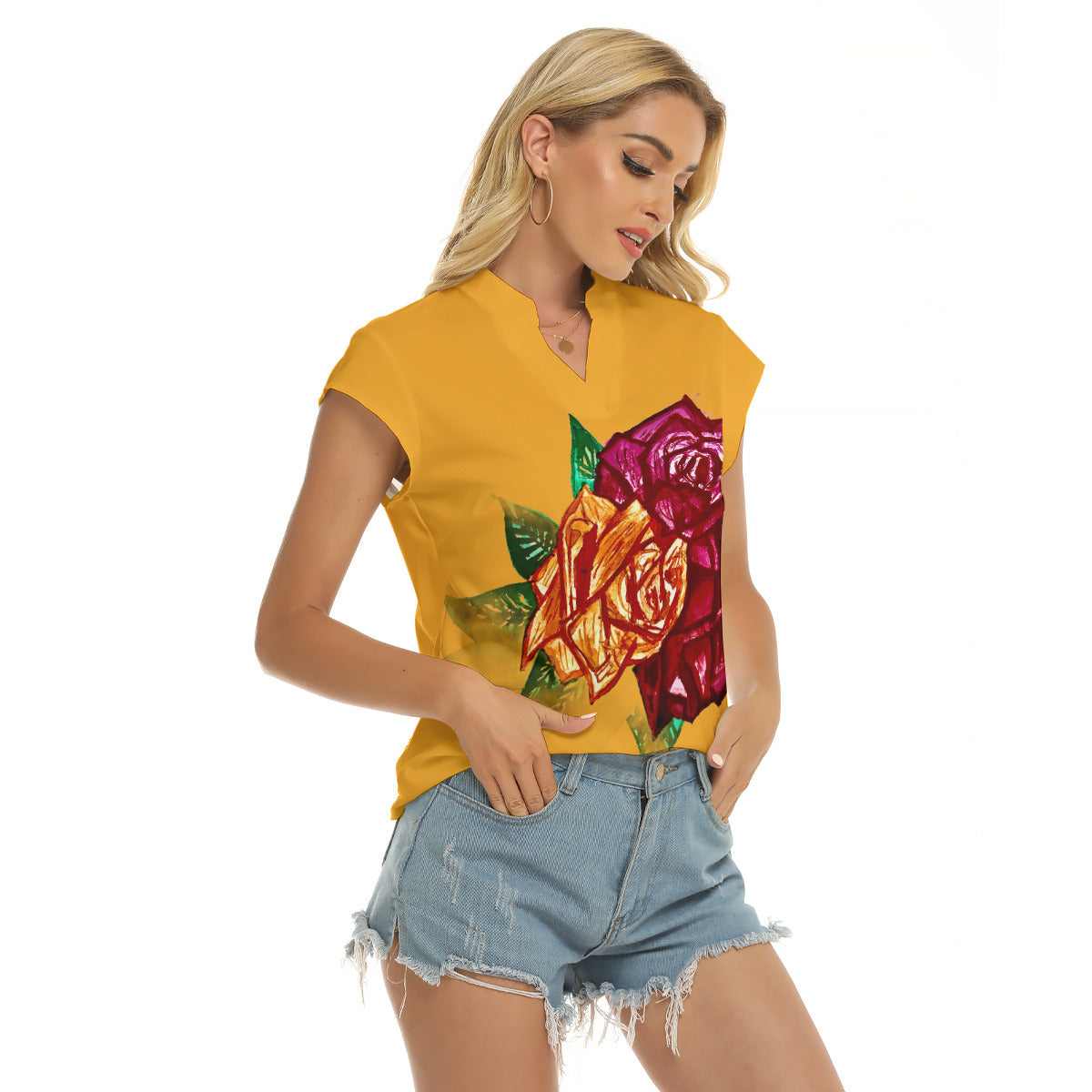 All-Over Print Women's Stacked V-neck Short Sleeve Blouse