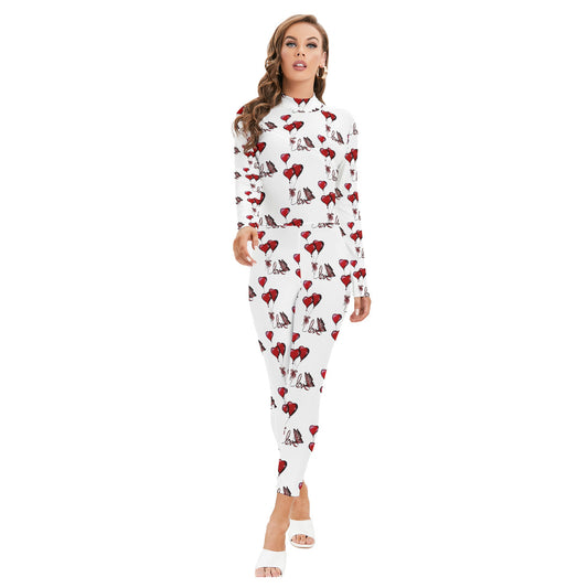 All-Over Print Women's Long-sleeved High-neck Jumpsuit With Zipper