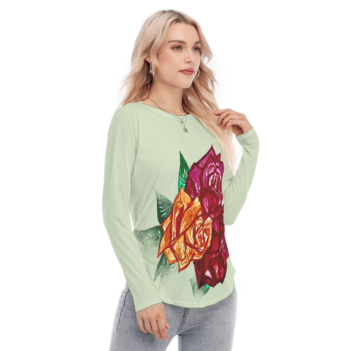 All-Over Print Women's Raglan Sleeves U-Shaped Hem Long Sleeves Blouse