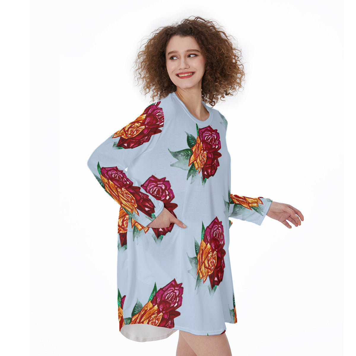 All-Over Print Women's Casual Loose Long Sleeve Dress With Pocket