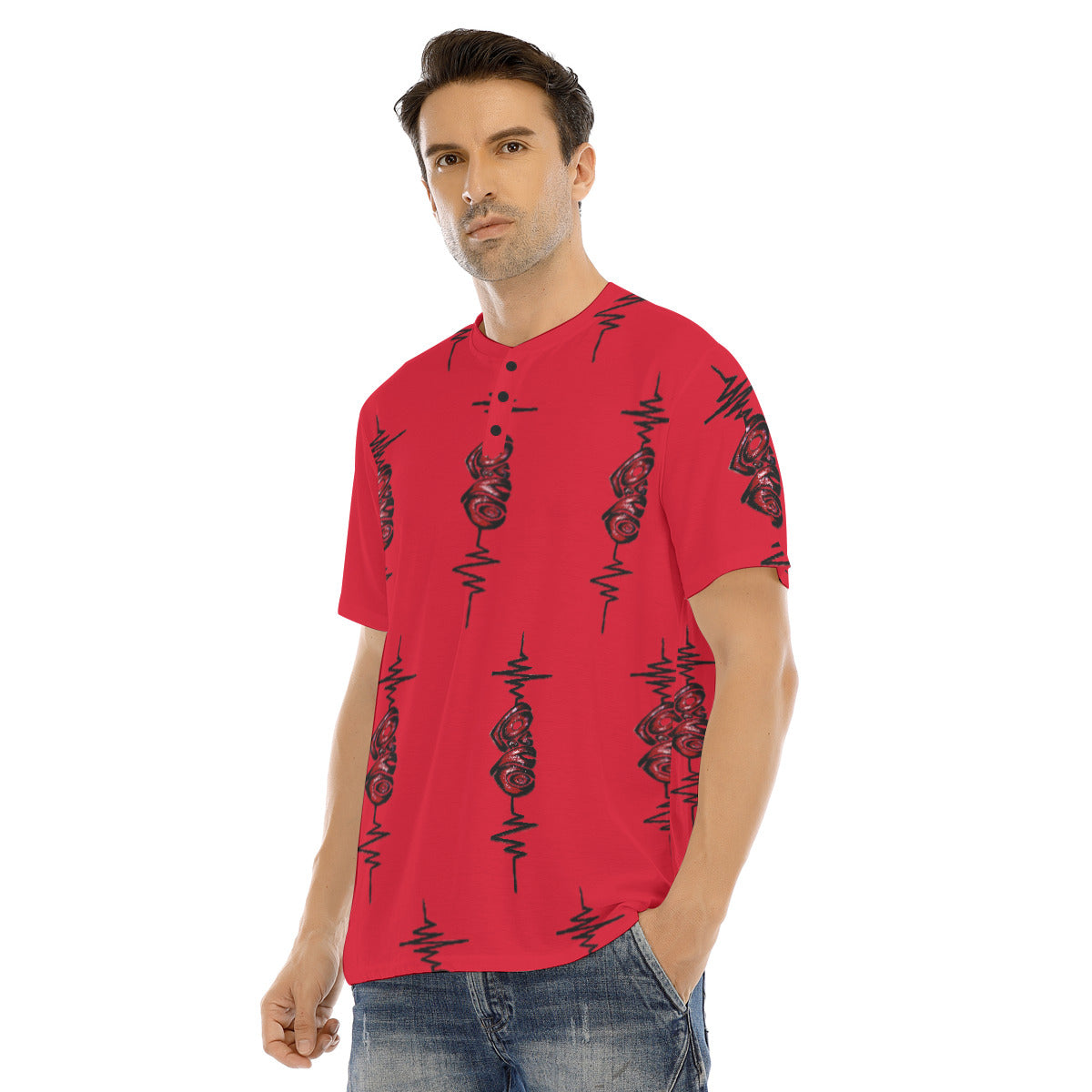 All-Over Print Men's Short Sleeve T-shirt With Button Closure