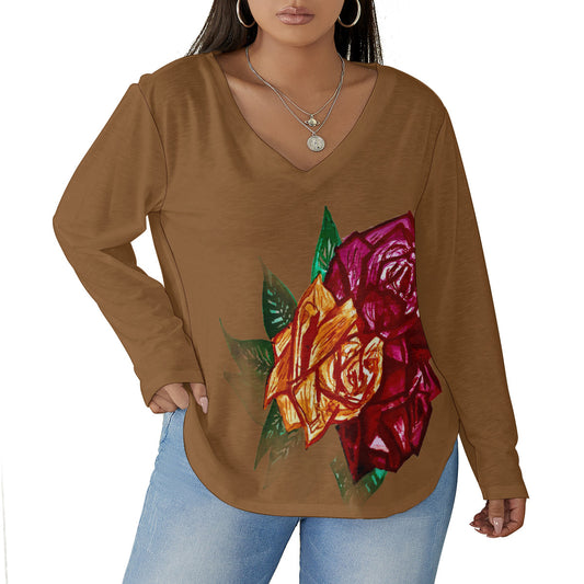 All-Over Print Women's V-neck T-shirt With Curved Hem(Plus Size)