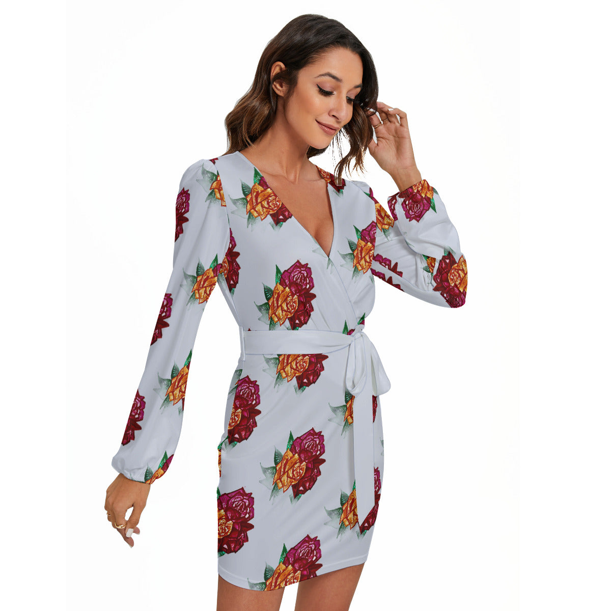 All-Over Print Women's Long Sleeve Dress With Waist Belt