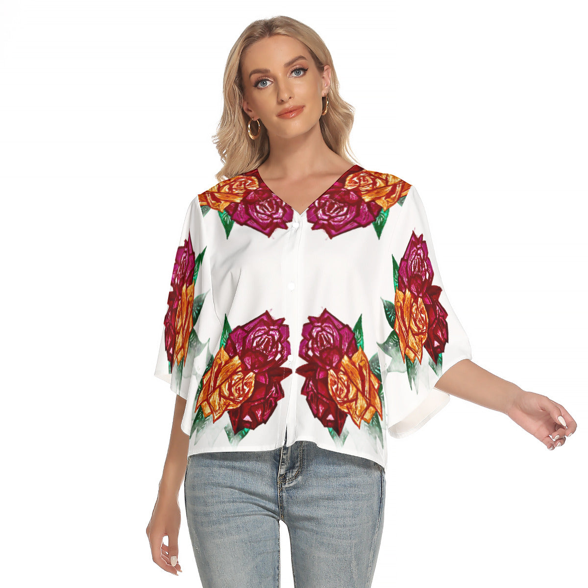 All-Over Print Women's Bat Sleeve Light V-neck Front Buttoned Top