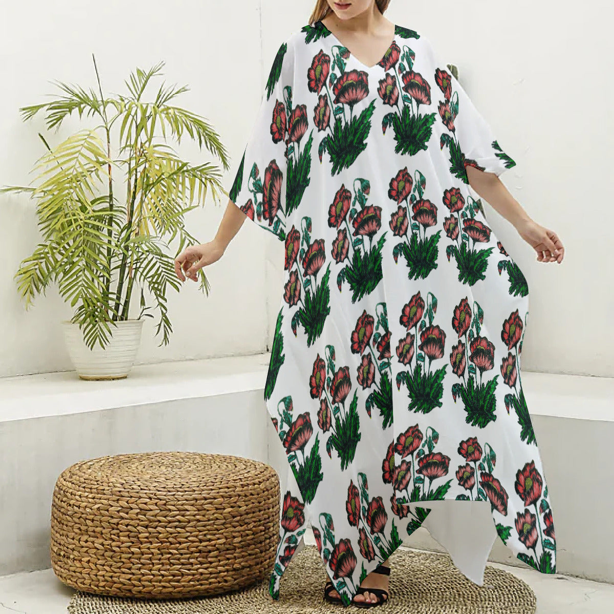 All-Over Print Women's Imitation Silk V-neck Kaftan Robe