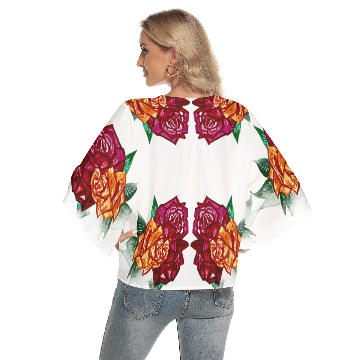 All-Over Print Women's Bat Sleeve Light V-neck Front Buttoned Top