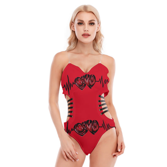 All-Over Print Women's Tube Top Bodysuit With Side Black Straps