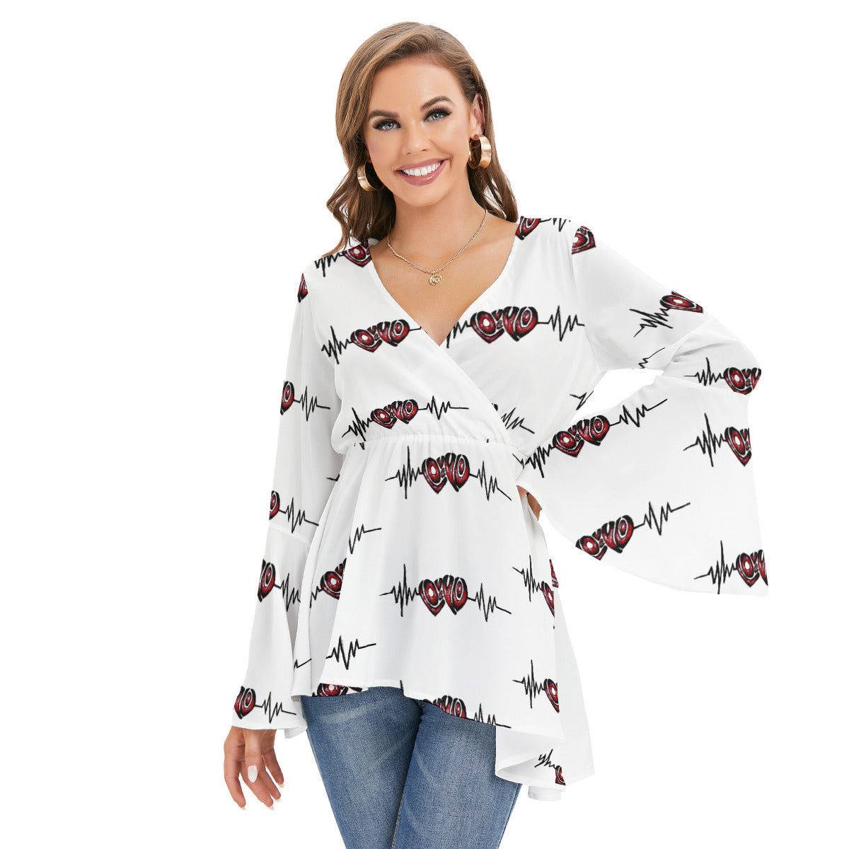 All-Over Print Women's V-neck Blouse With Flared Sleeves