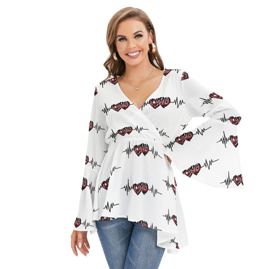 All-Over Print Women's V-neck Blouse With Flared Sleeves