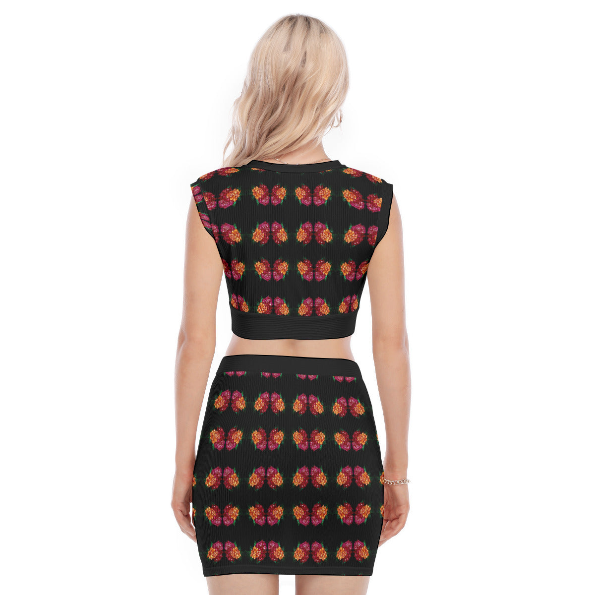 All-Over Print Women's Collarless V Collar Vest Skirt Suit