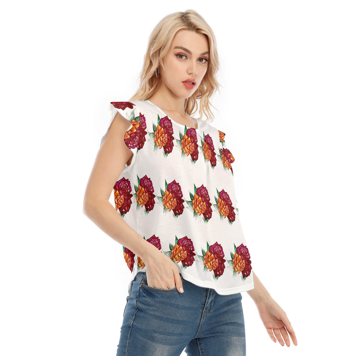 All-Over Print Women's O-neck T-shirt With Ruffle Sleeves