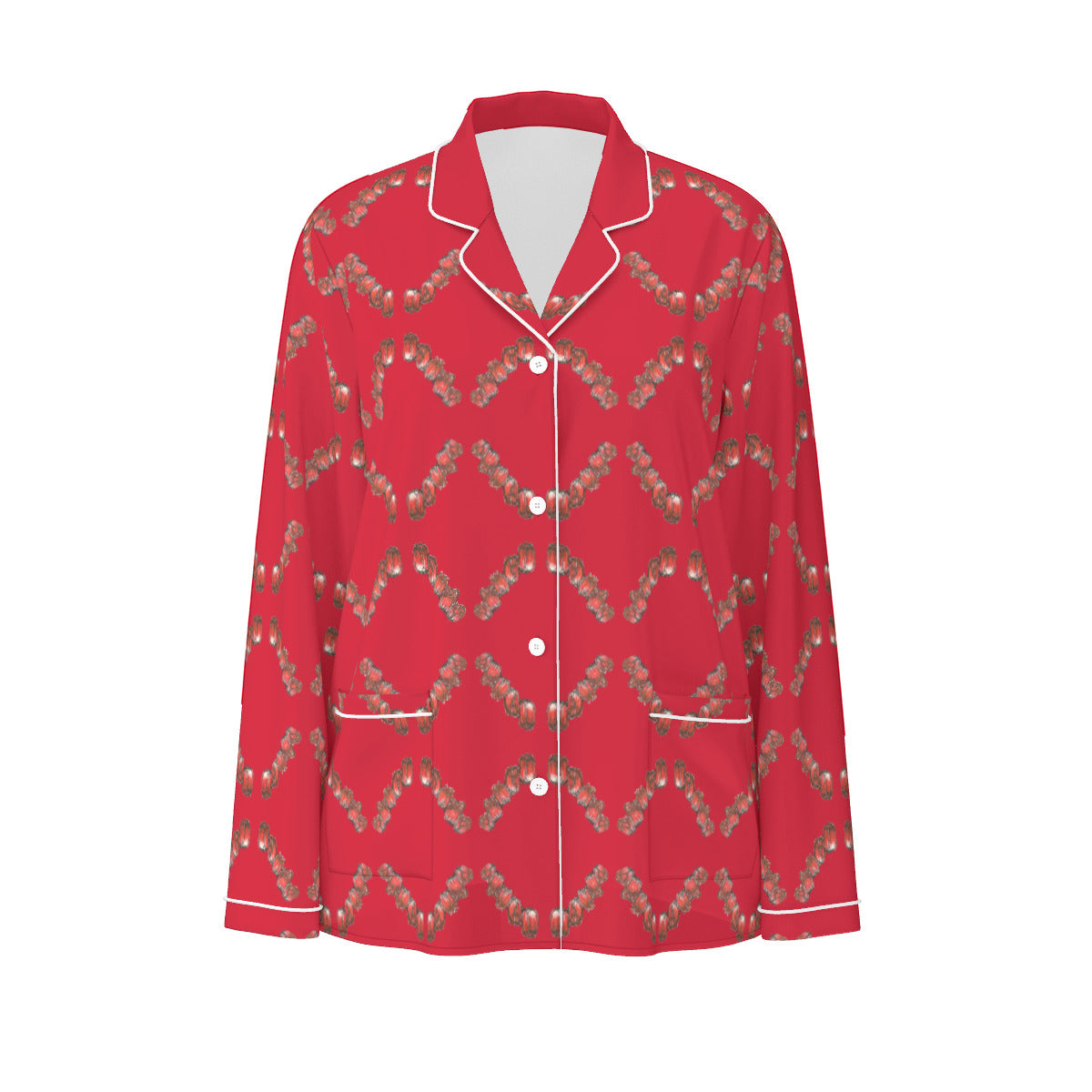 All-Over Print Women's Long Sleeve Pajama Set With White Contrast Piping