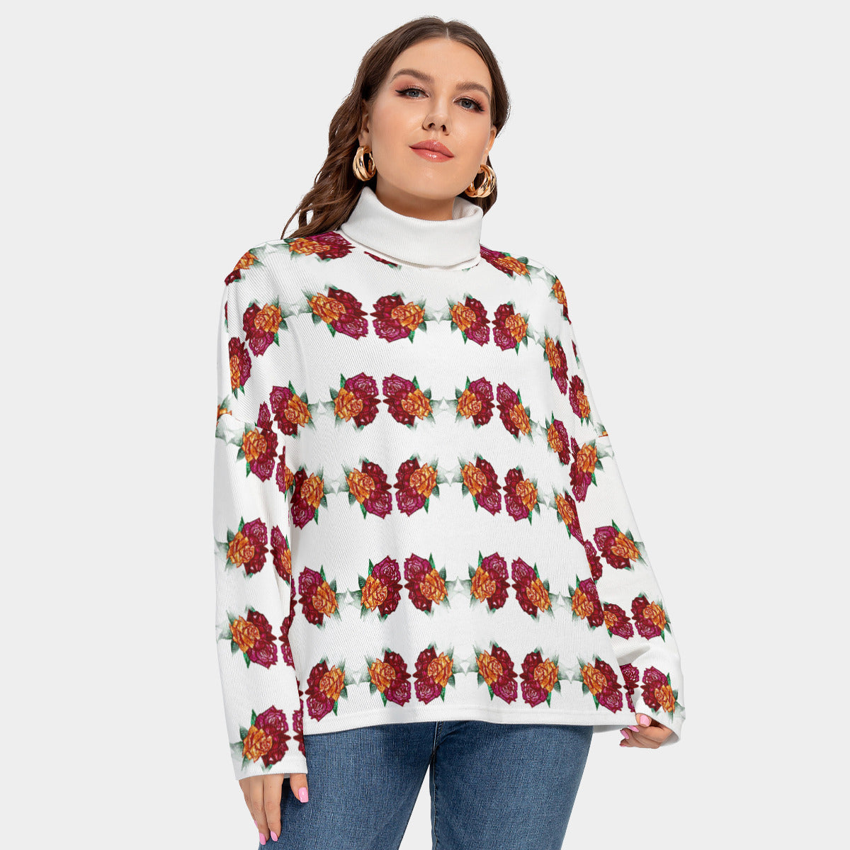 All-Over Print Women's Turtleneck Imitation Knitted Sweater (Plus Size)