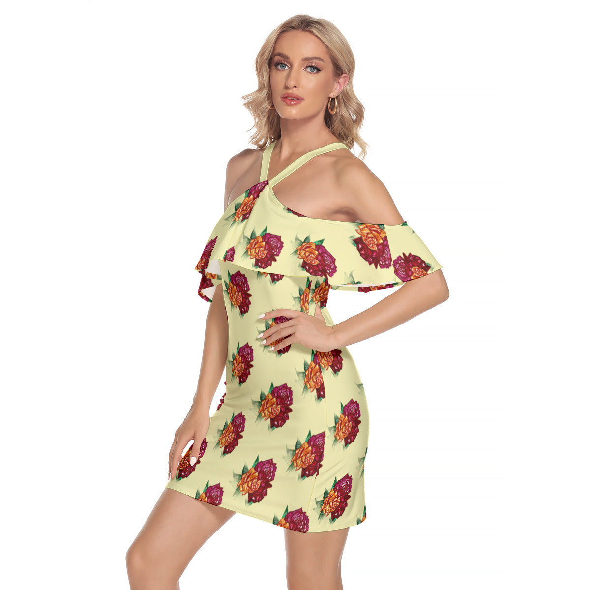 All-Over Print Women's Cold Shoulder Cami Dress With Ruffle
