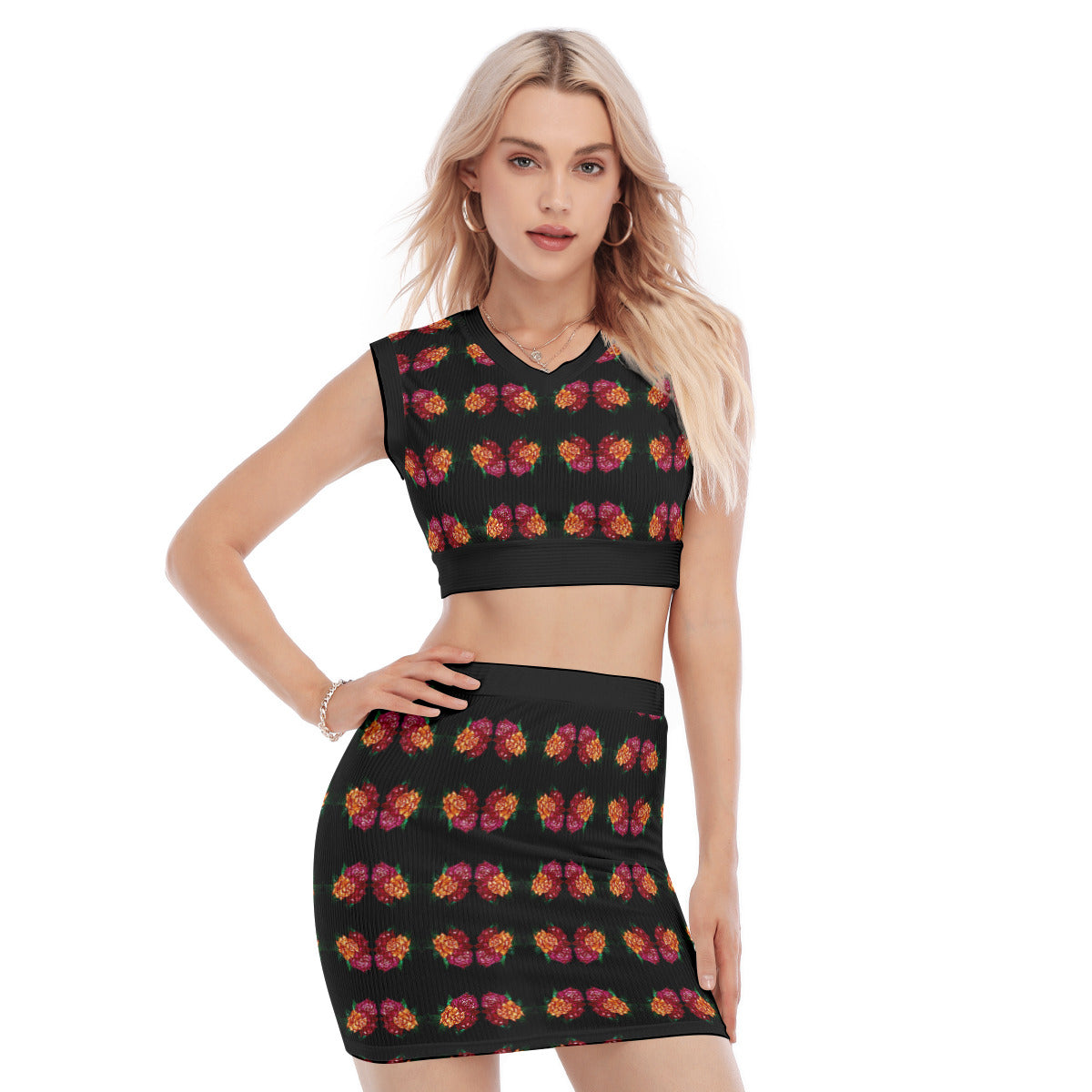All-Over Print Women's Collarless V Collar Vest Skirt Suit