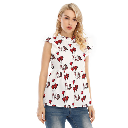 All-Over Print Women's Blouse With Lotus Leaf Lace