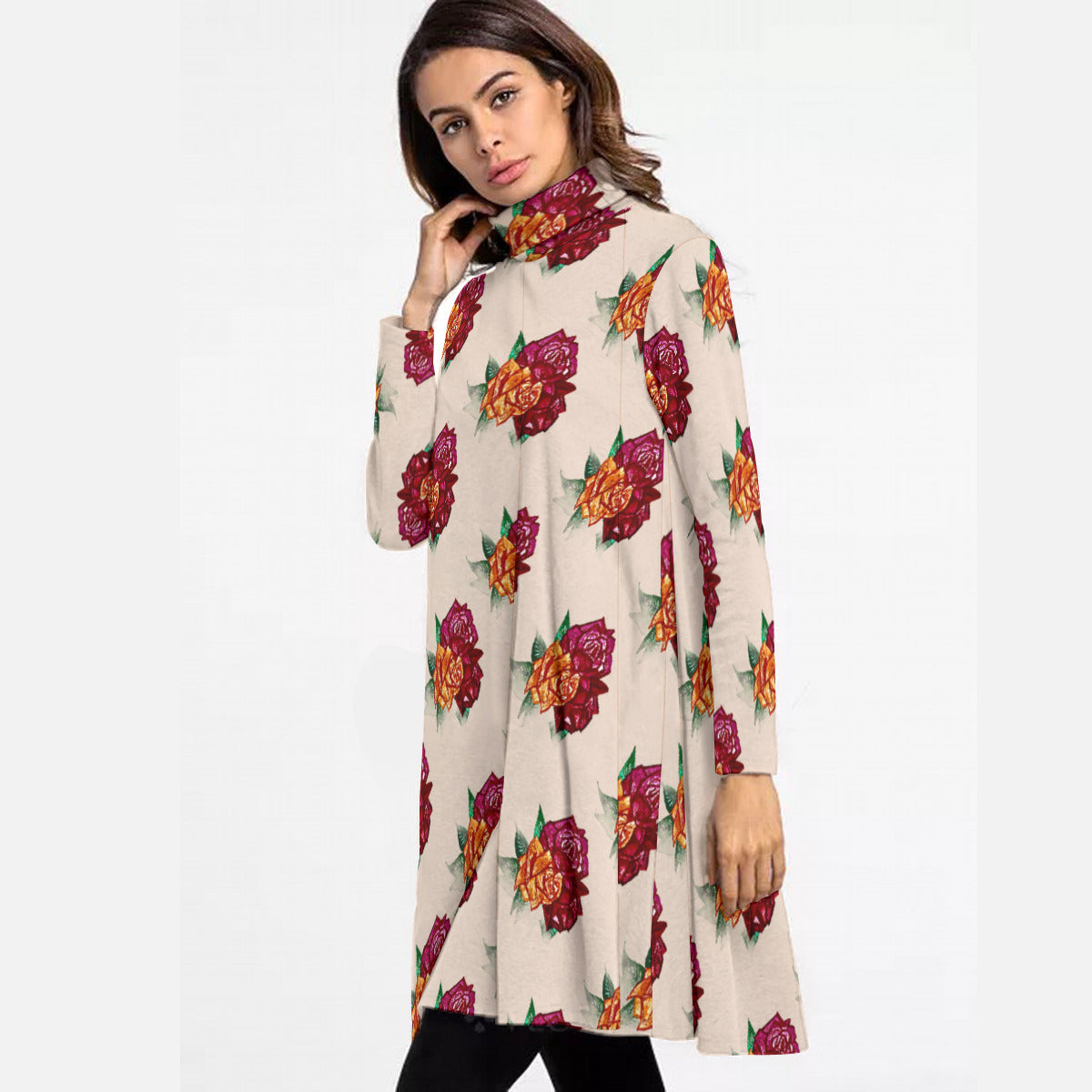 All-Over Print Women's High Neck Dress With Long Sleeve