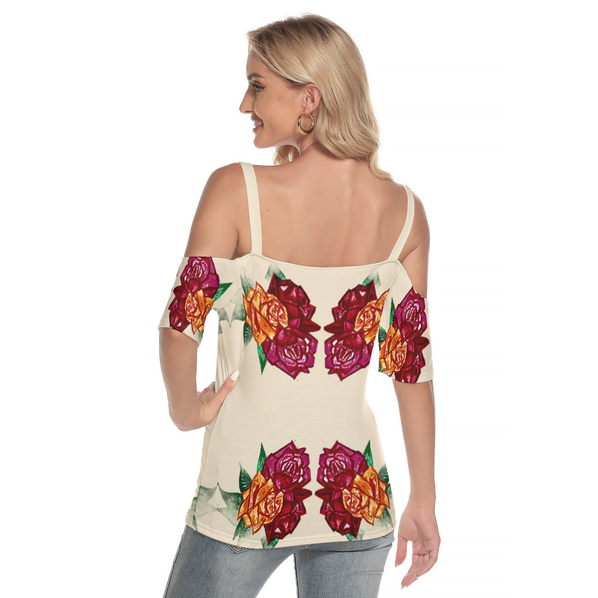 All-Over Print Women's Cold Shoulder T-shirt With Criss Cross Strips