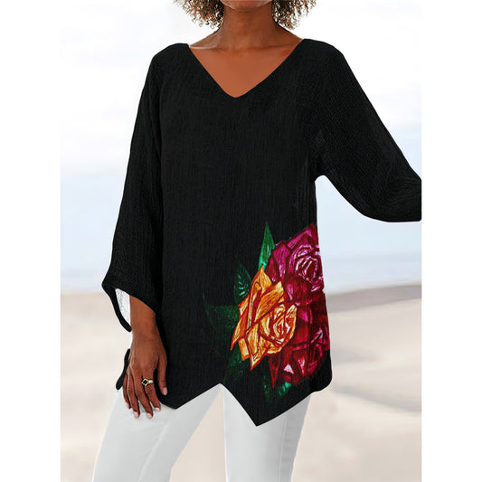 All-Over Print Women's V-neck T-shirt With Irregular Hem