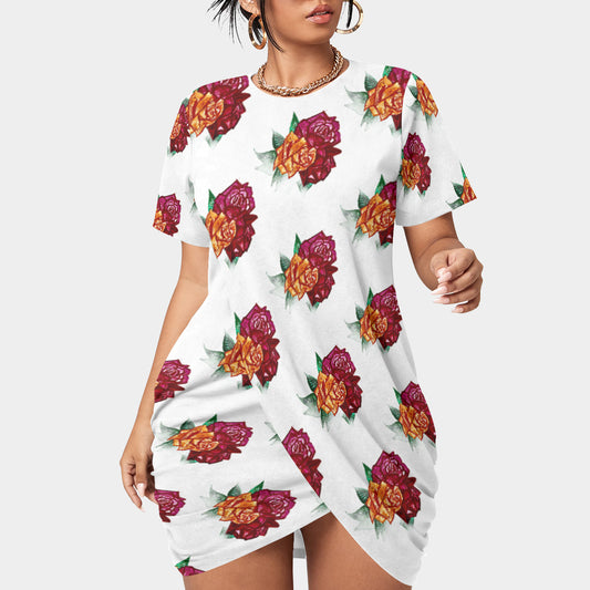 All-Over Print Women’s Stacked Hem Dress With Short Sleeve（Plus Size）
