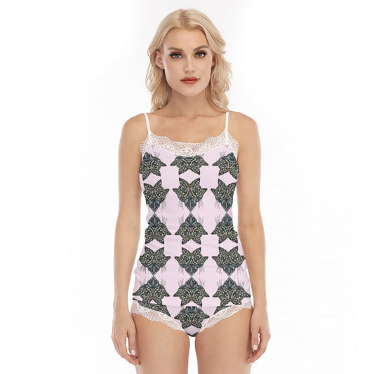 All-Over Print Women's Pajama Set With Lace Edge