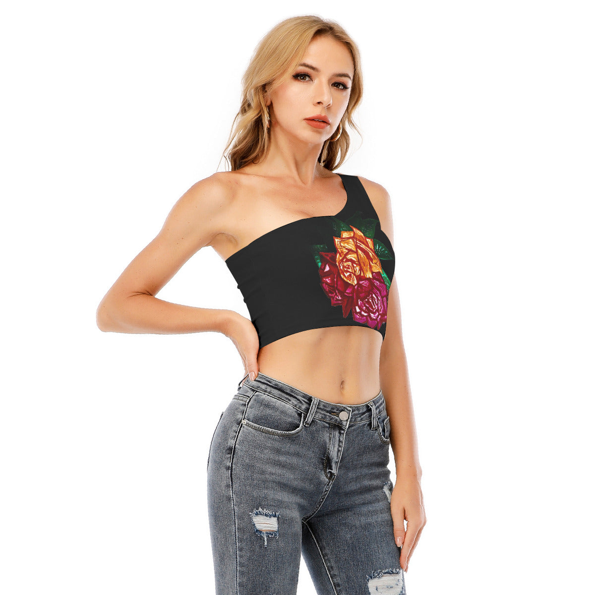 All-Over Print Women's One-Shoulder Cropped Top