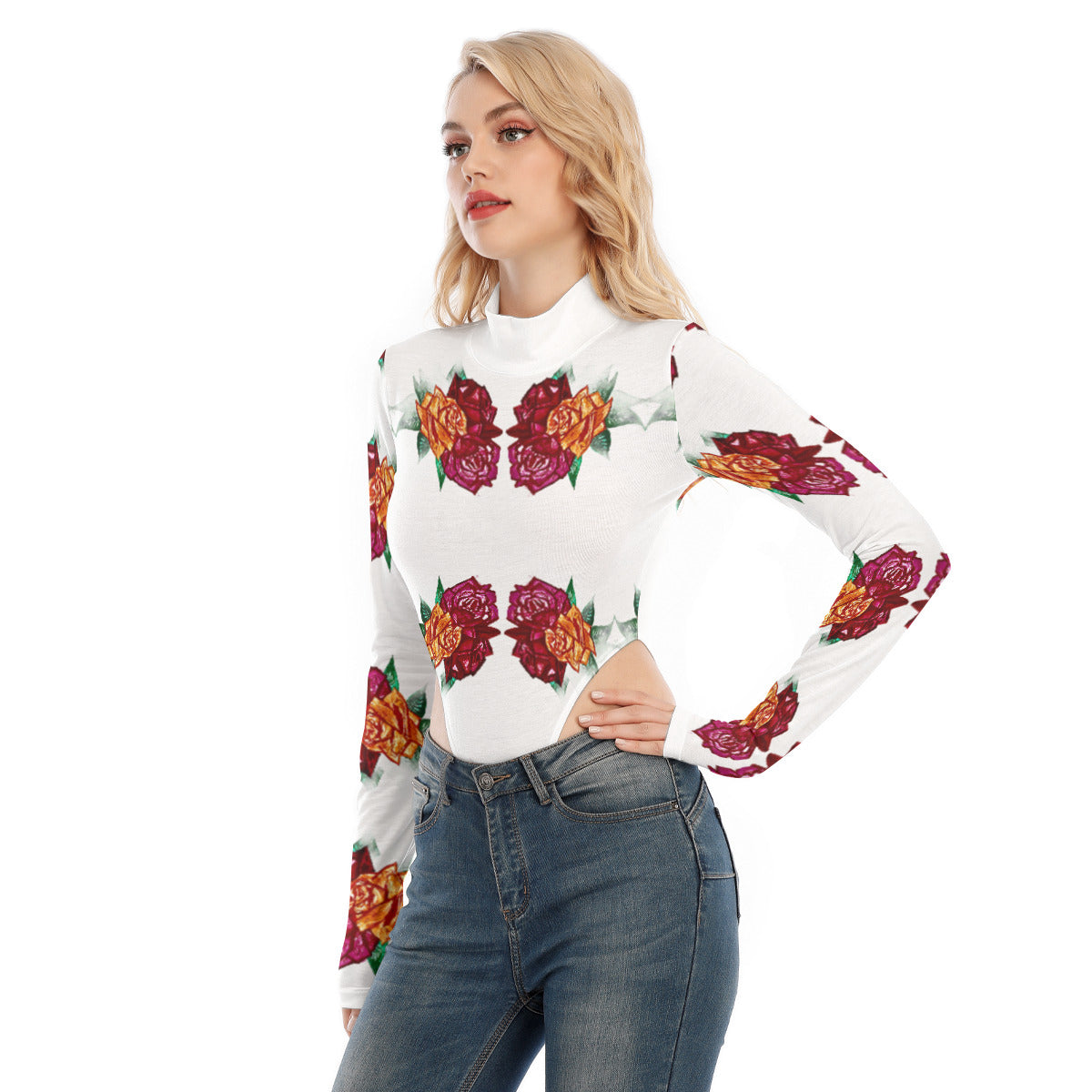 All-Over Print Women's Turtleneck Long Sleeve Jumpsuits