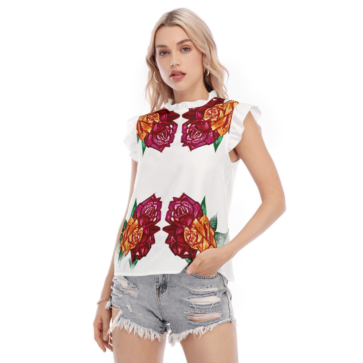 All-Over Print Women's Blouse With Ruffle Collar And Sleeve