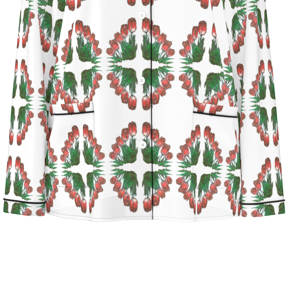 All-Over Print Women's Long Sleeve Pajama Set With Black Contrast Piping