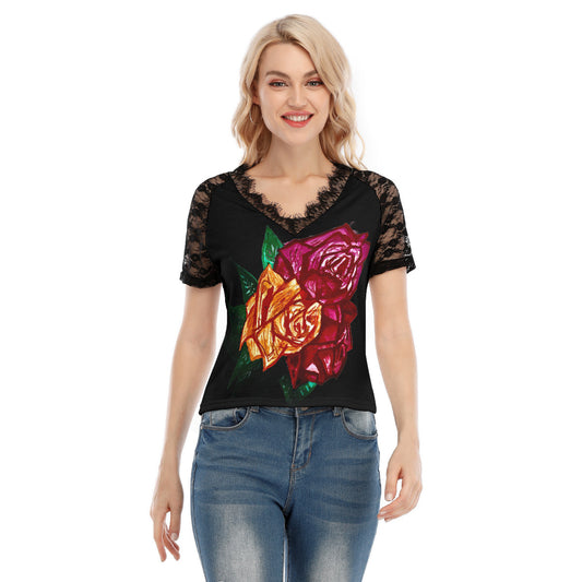 All-Over Print Women's V-neck T-shirt With Lace
