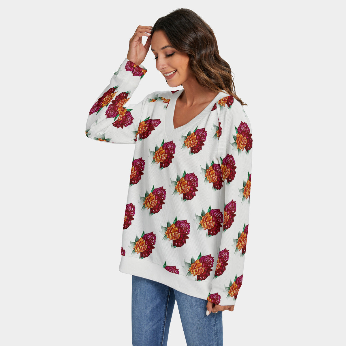 All-Over Print Women's V-neck Imitation Knitted Sweater With Long Sleeve