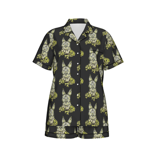 All-Over Print Women's Imitation Silk Pajama Set With Short Sleeve