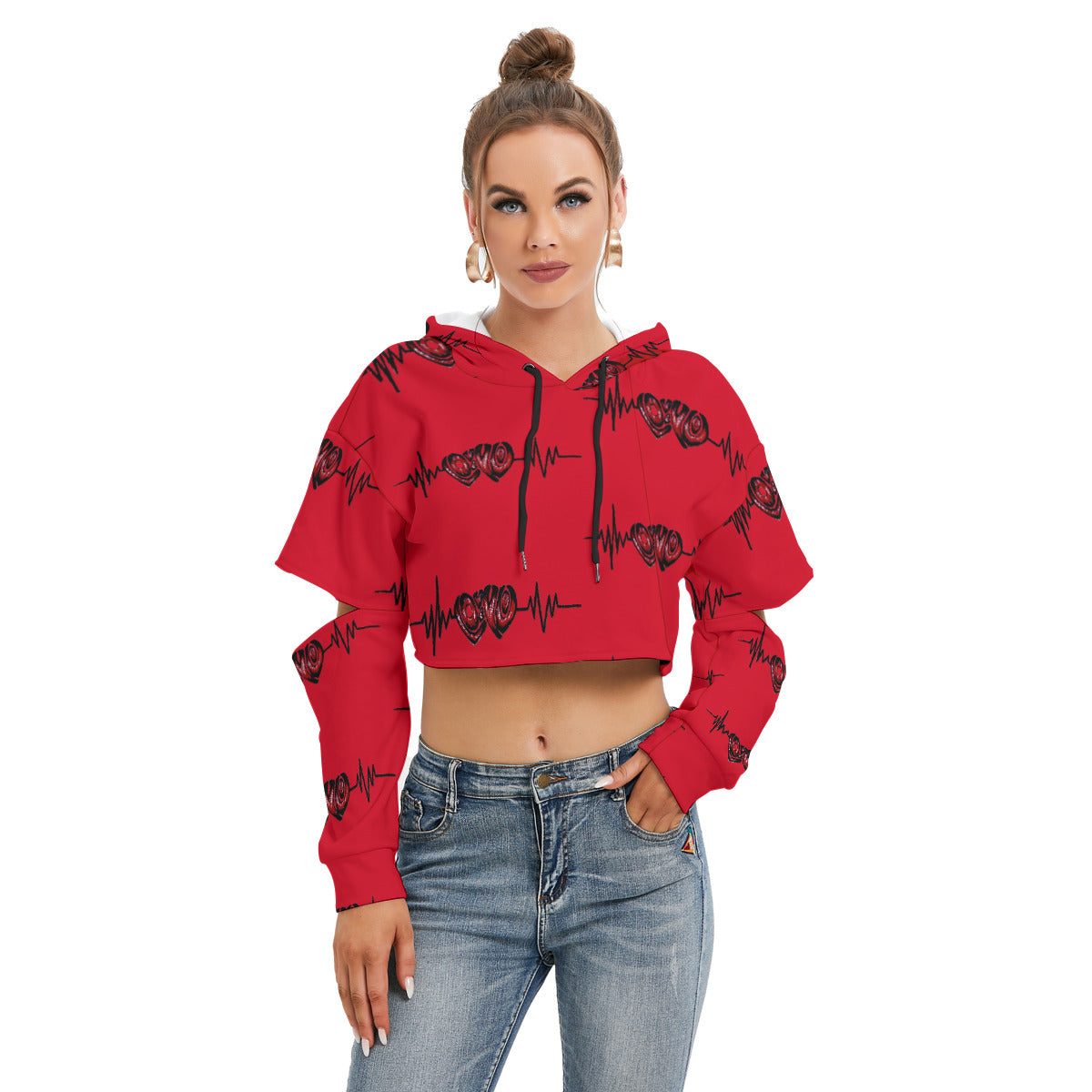 All-Over Print Women's Heavy Fleece Hoodie With Hollow Out Sleeve
