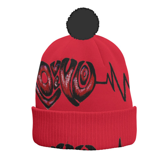 All-Over Print Knitted Hat With Pom-Pom