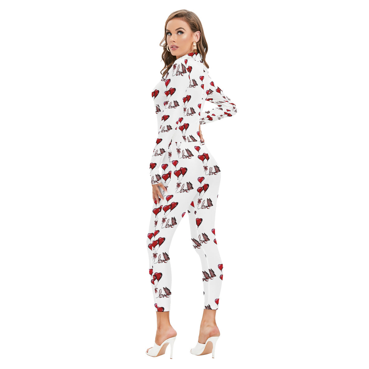 All-Over Print Women's Long-sleeved High-neck Jumpsuit With Zipper