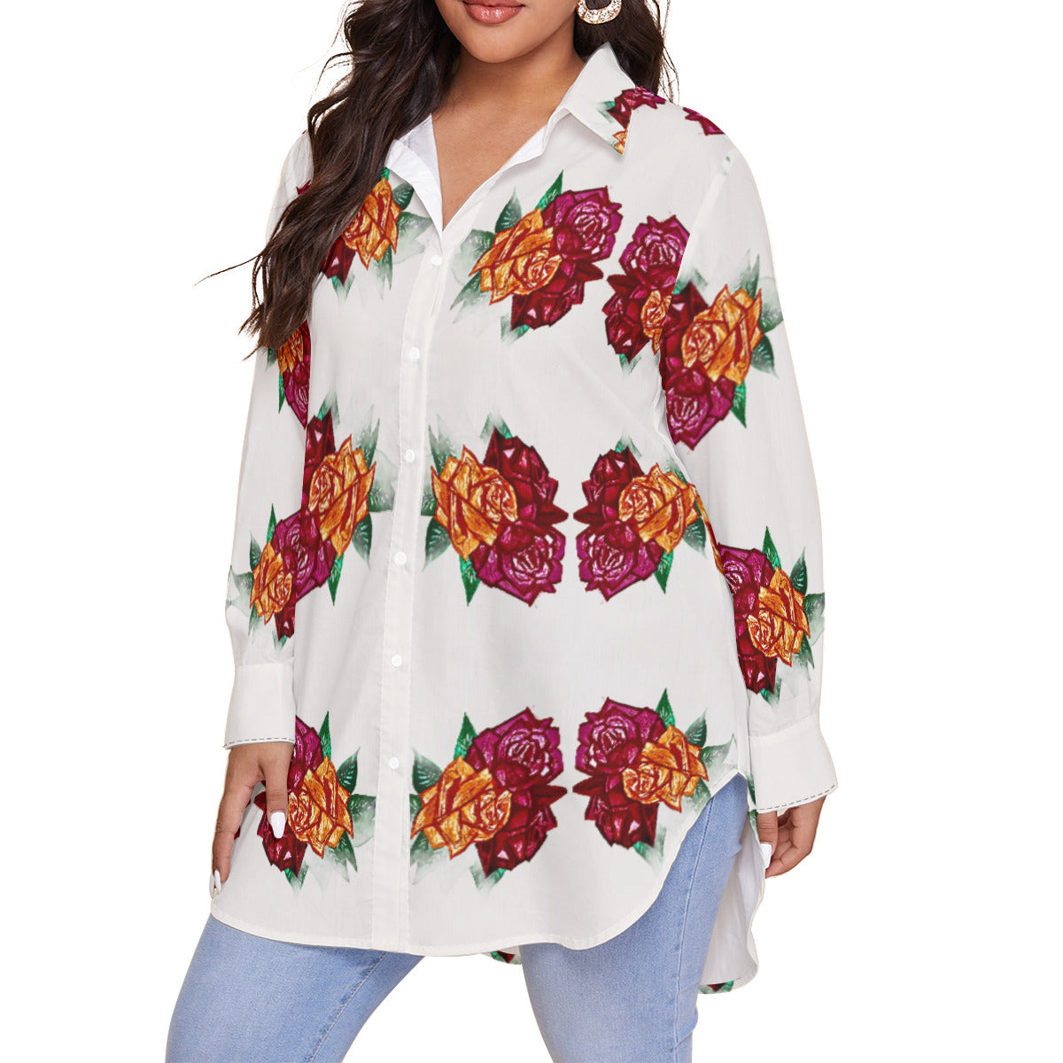 All-Over Print Women's Shirt With Long Sleeve(Plus Size)