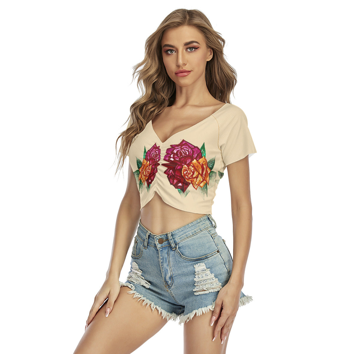 All-Over Print Women's Raglan Drawstring Front  Crop Tee